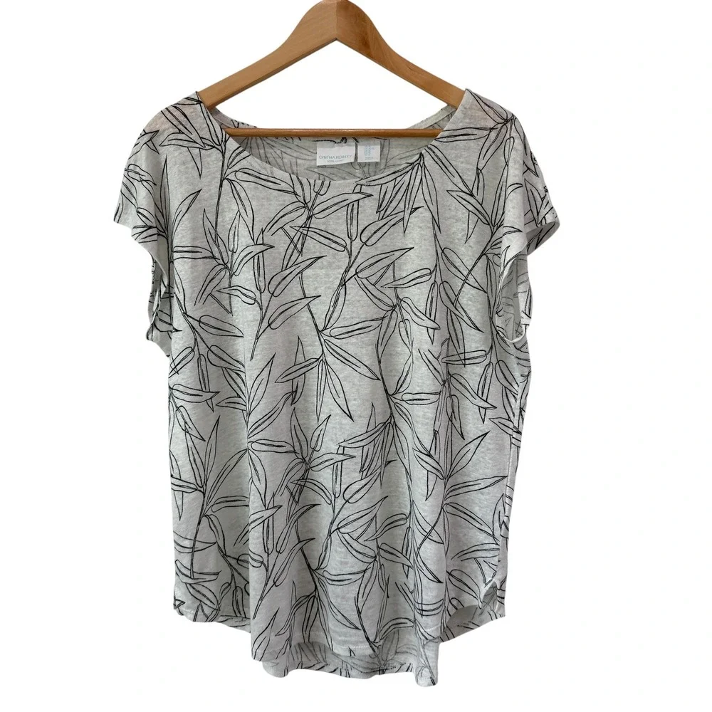 Cynthia Rowley 100% Linen Tropical Botanical Leaf Top Sz XL Neutral Short Sleeve